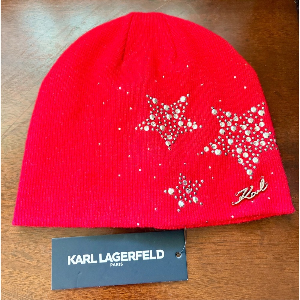 NWT Karl Lagerfeld Paris Red Knit Beanie Hat with Rhinestone Star Embellishments